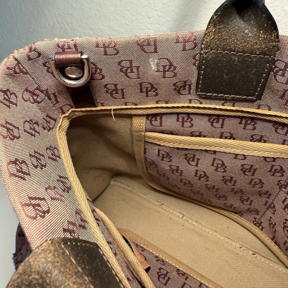 Dooney & Bourke Signature Canvas Satchel Logo Bag Double Leather Handles Tassels
